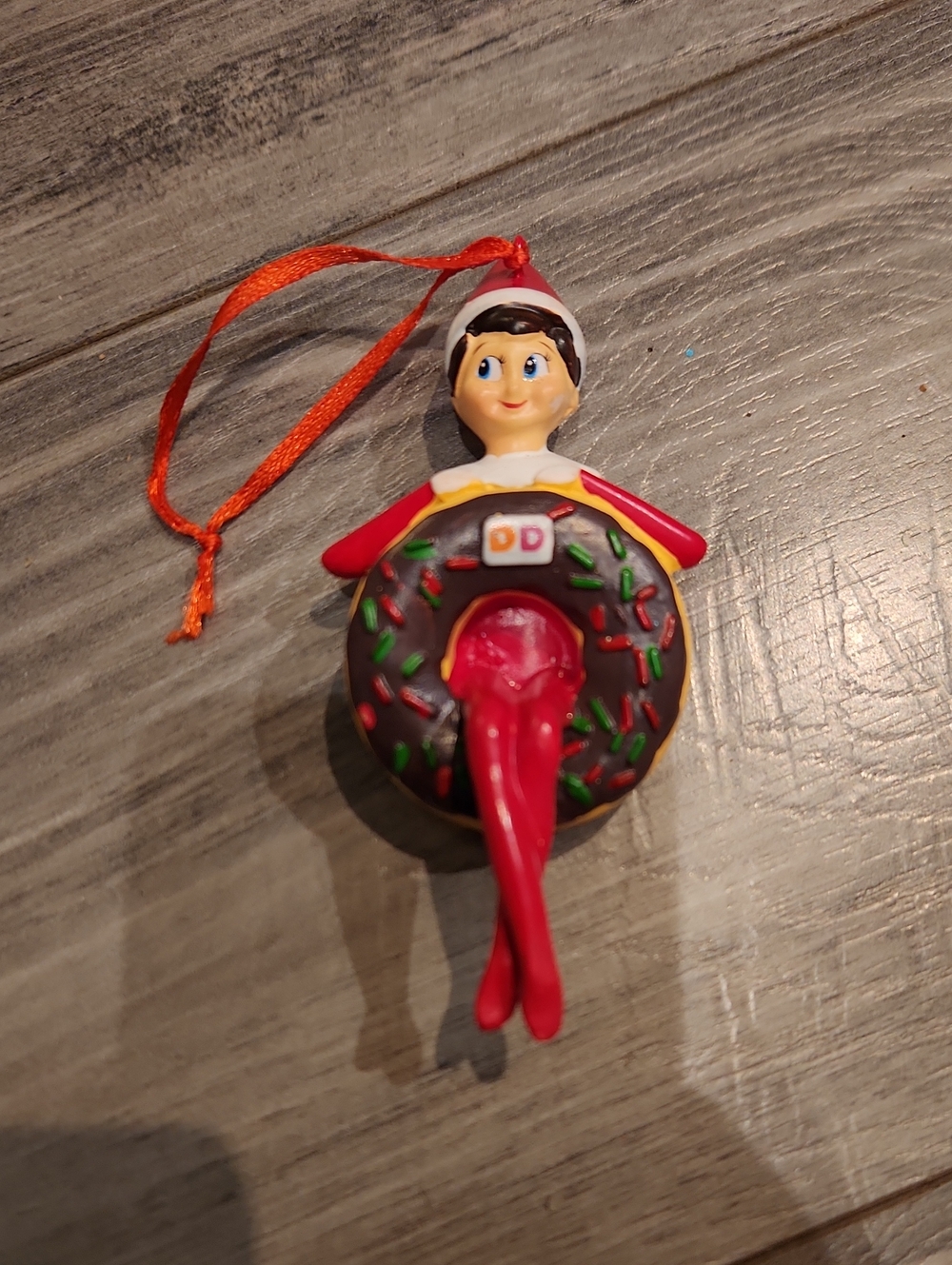 EUC Donut Elf Hanging Ornament in Red and Brown